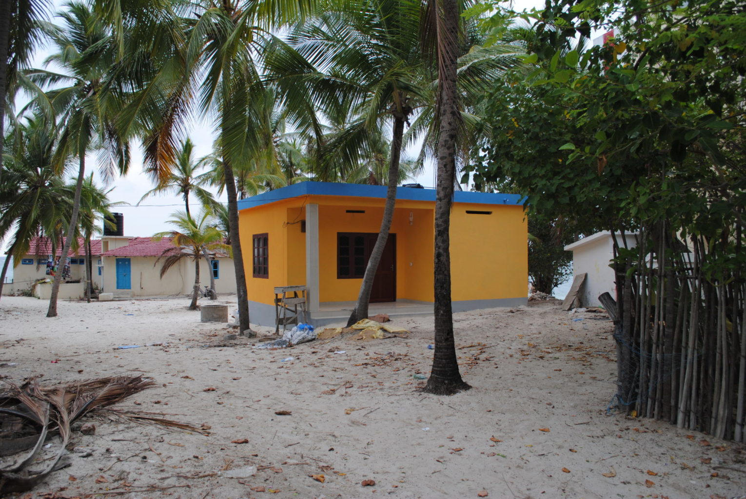 Environmental education center under palm trees on beach on Kavaratti Island