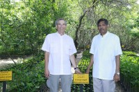 Duane Silverstein, Executive Director of Seacology with Anuradha Wickramasinghe, Chairman of Sudeesa at conserved mangrove forest at Pambala-Chilaw Lagoon during Duane's visit on 10 May 2015 in Sri Lanka. Photo credit: Sudeesa