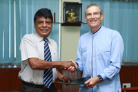 Eng. Nihal Rupasinghe, the Secretary, Ministry of Mahaweli Development and Environment of Sri Lanka and Duane Silverstein, the Executive Director of Seacology, exchanged the signed agreement to protect all of Sri Lanka's Mangroves on 12th May 2015 in Colombo, Sri Lanka. Photo credit: Sudeesa