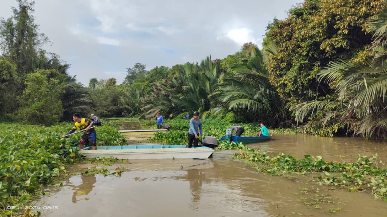 People in boats removing plants from river with hand tools