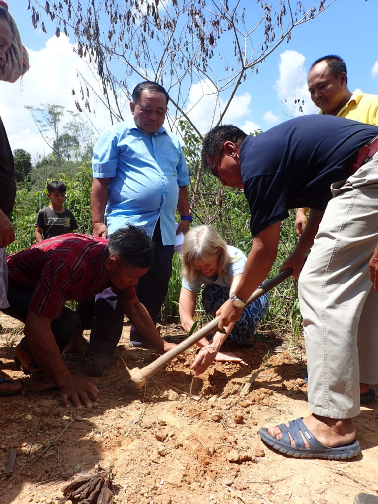 Villagers in Tampasak, Malaysia (Sabah Satate) planting a tree with Seacology representative Mary Randolph
