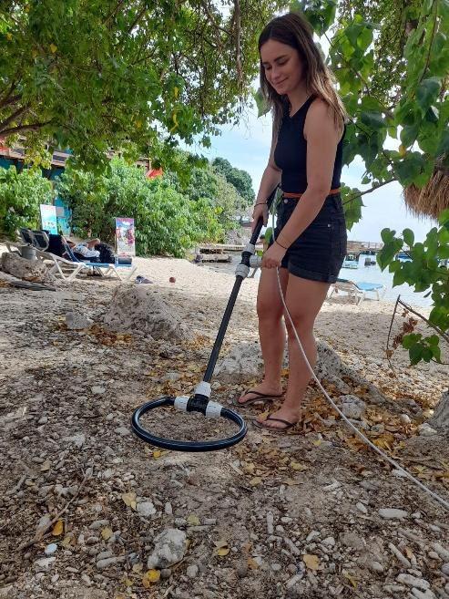 woman on beach with detection wand