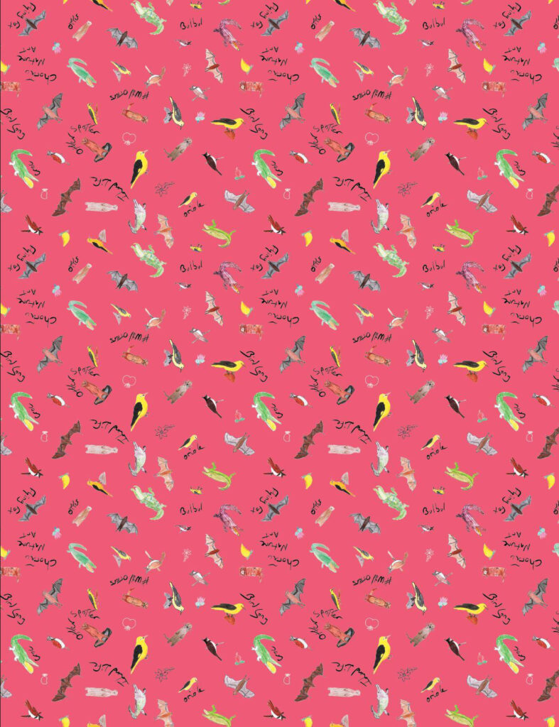 pink wrapping paper with nature drrawings