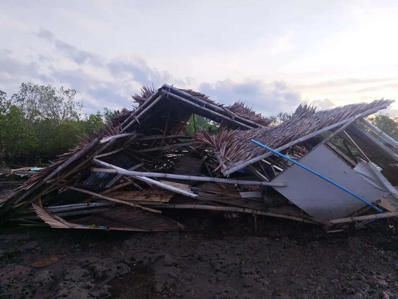Collapsed wooden structures on the shore in low tide