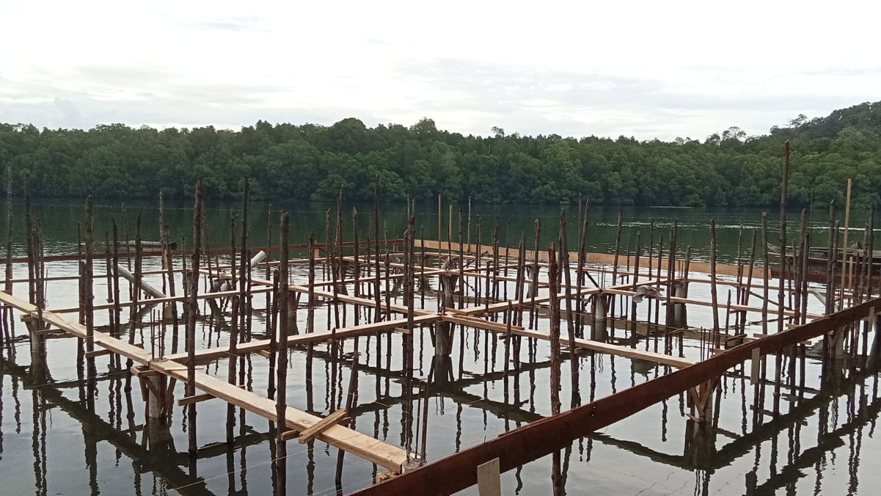 Wooden pier under construction in shallow water