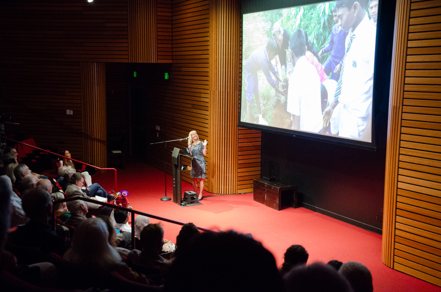 woman presents slideshow at front of theater
