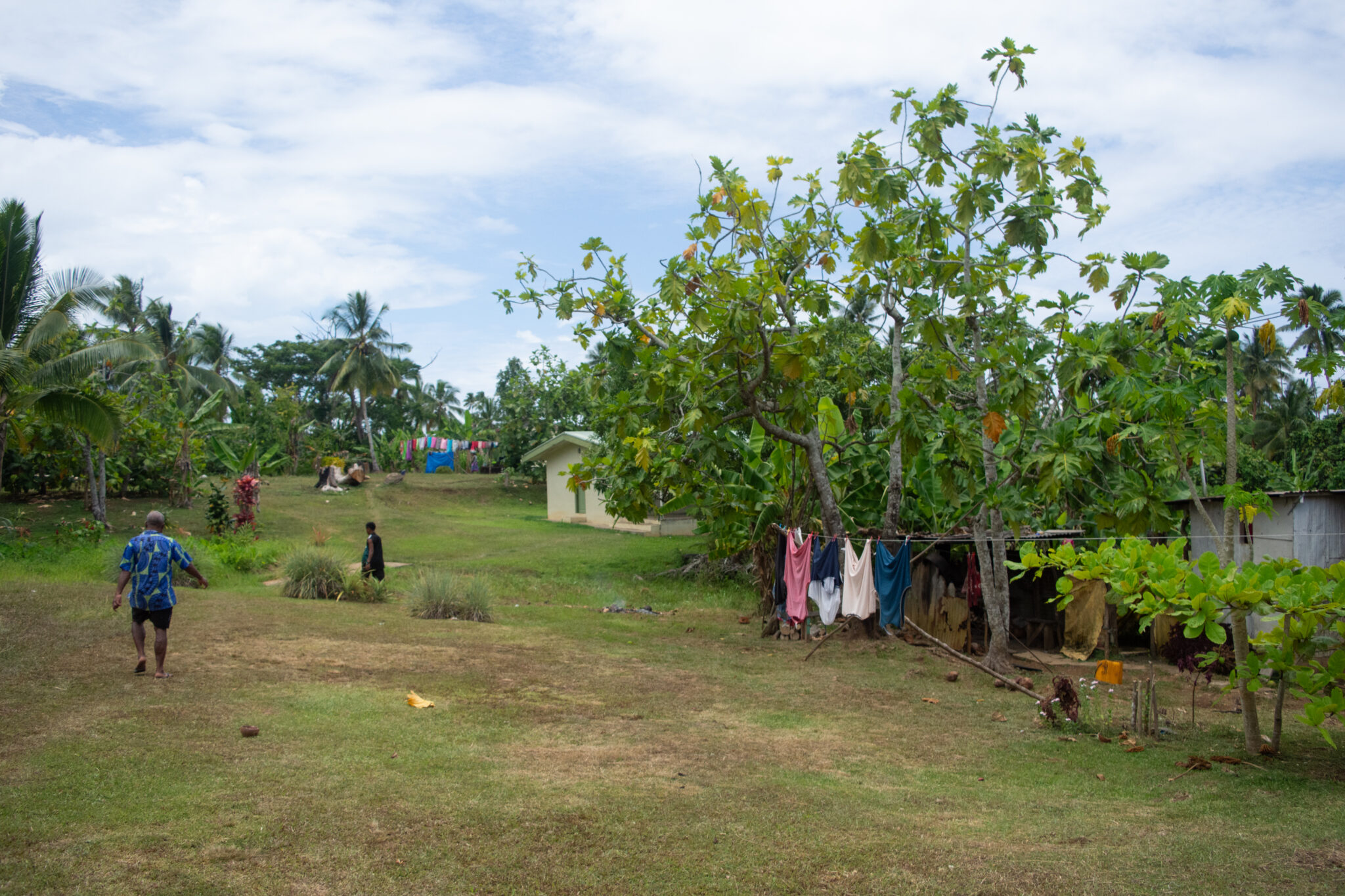 Clothes dry on lines in small village surrounded by tropical trees