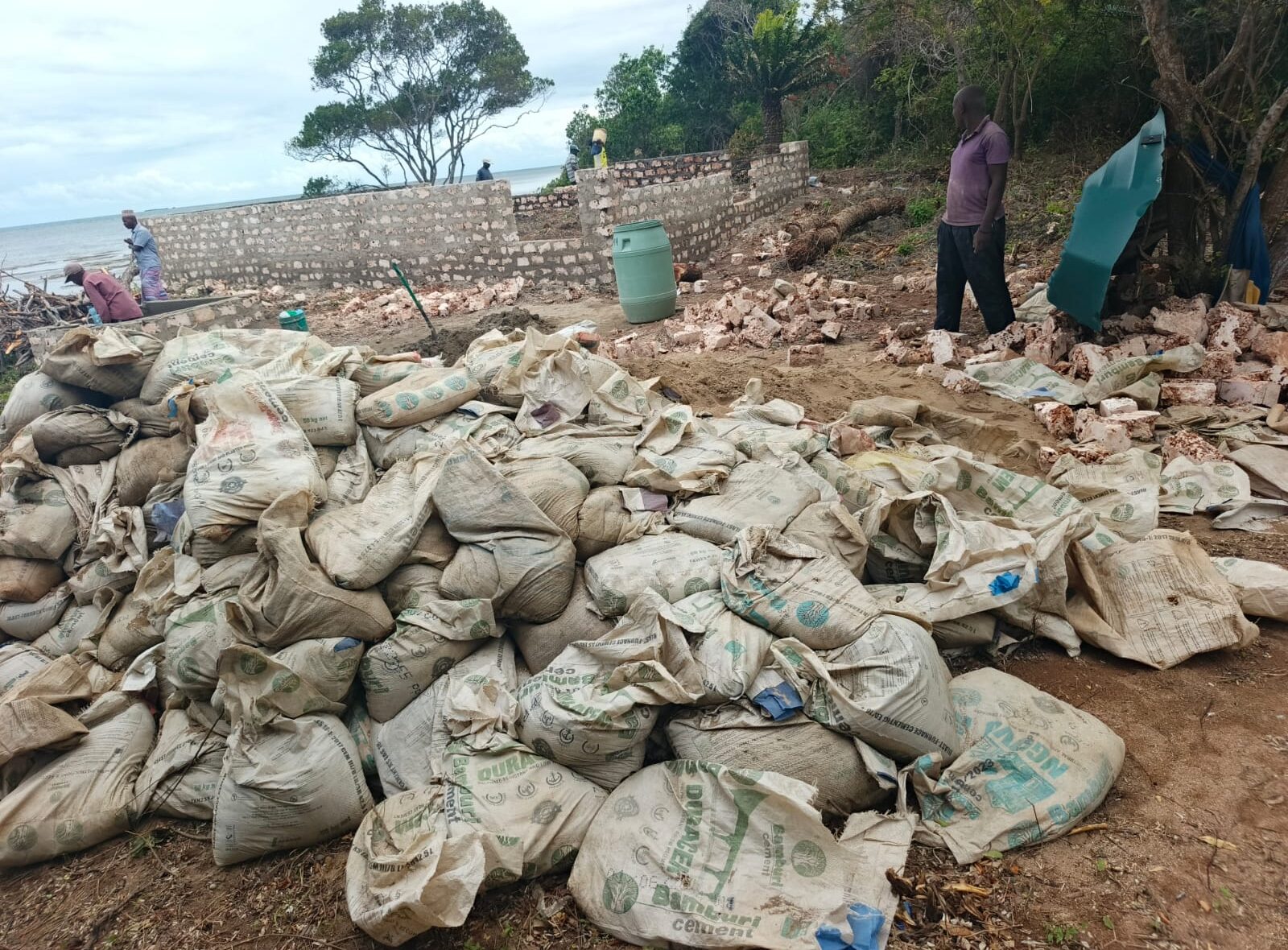 concrete bags piled near construction site