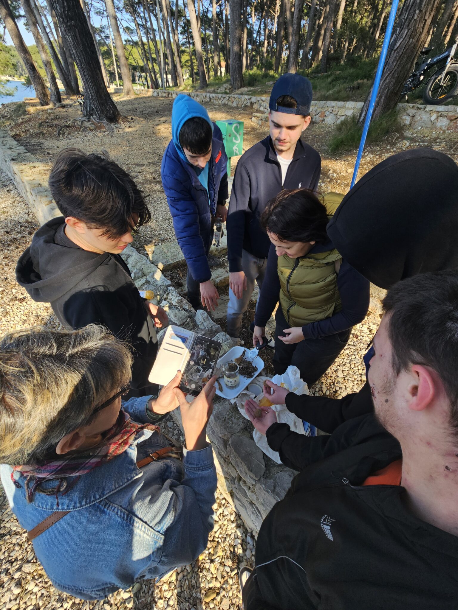 A group of students looks at and handles seagrass specimens