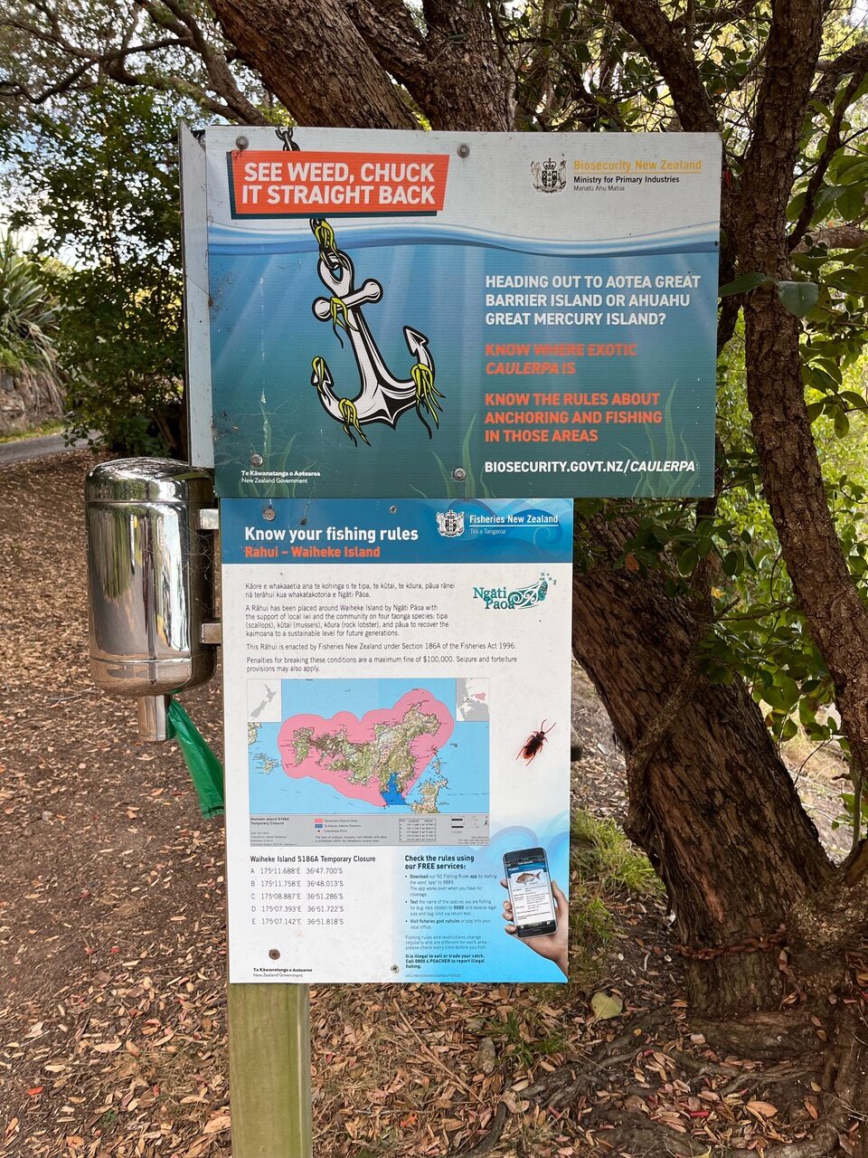 Two signs about fishing and anchor rules posted next to a tree