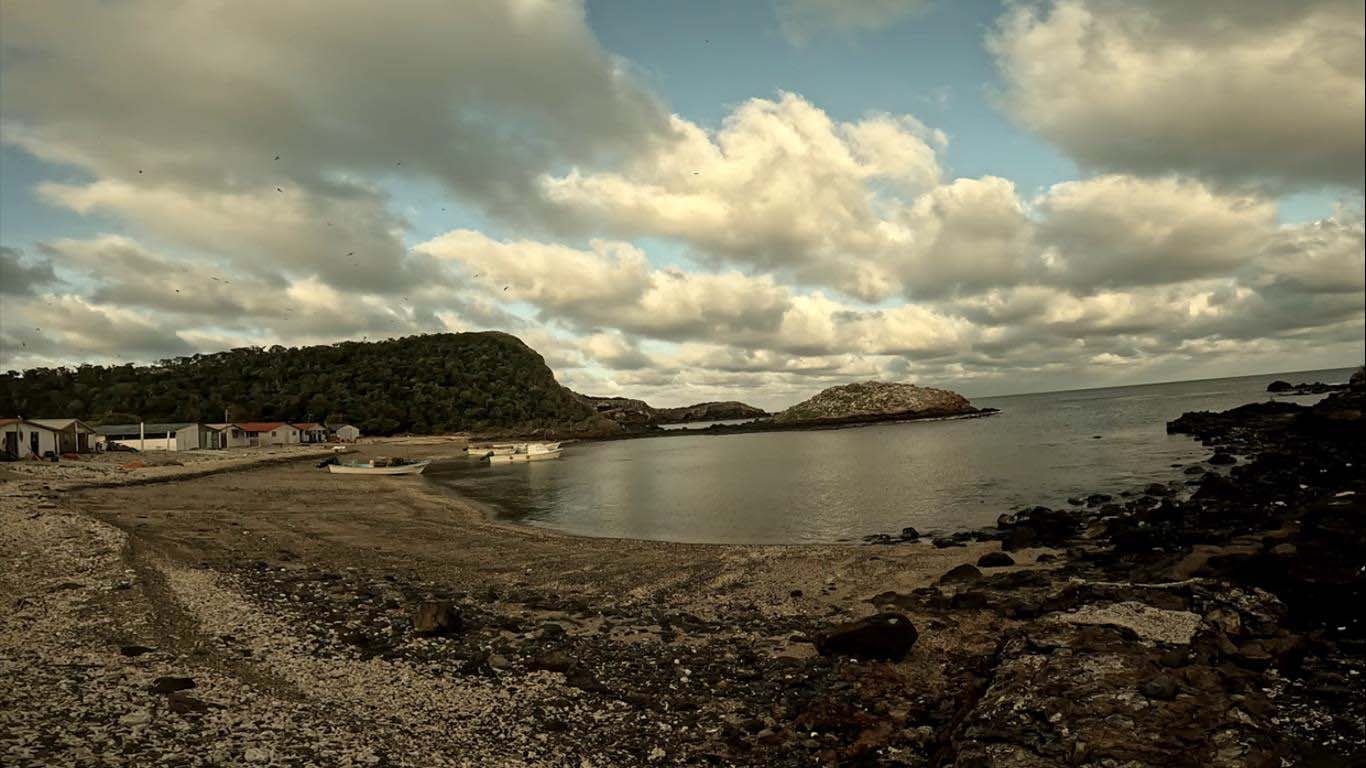 A rocky coastline with some buildings in the distance