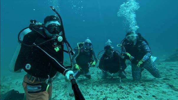 Four divers take a selfie underwater