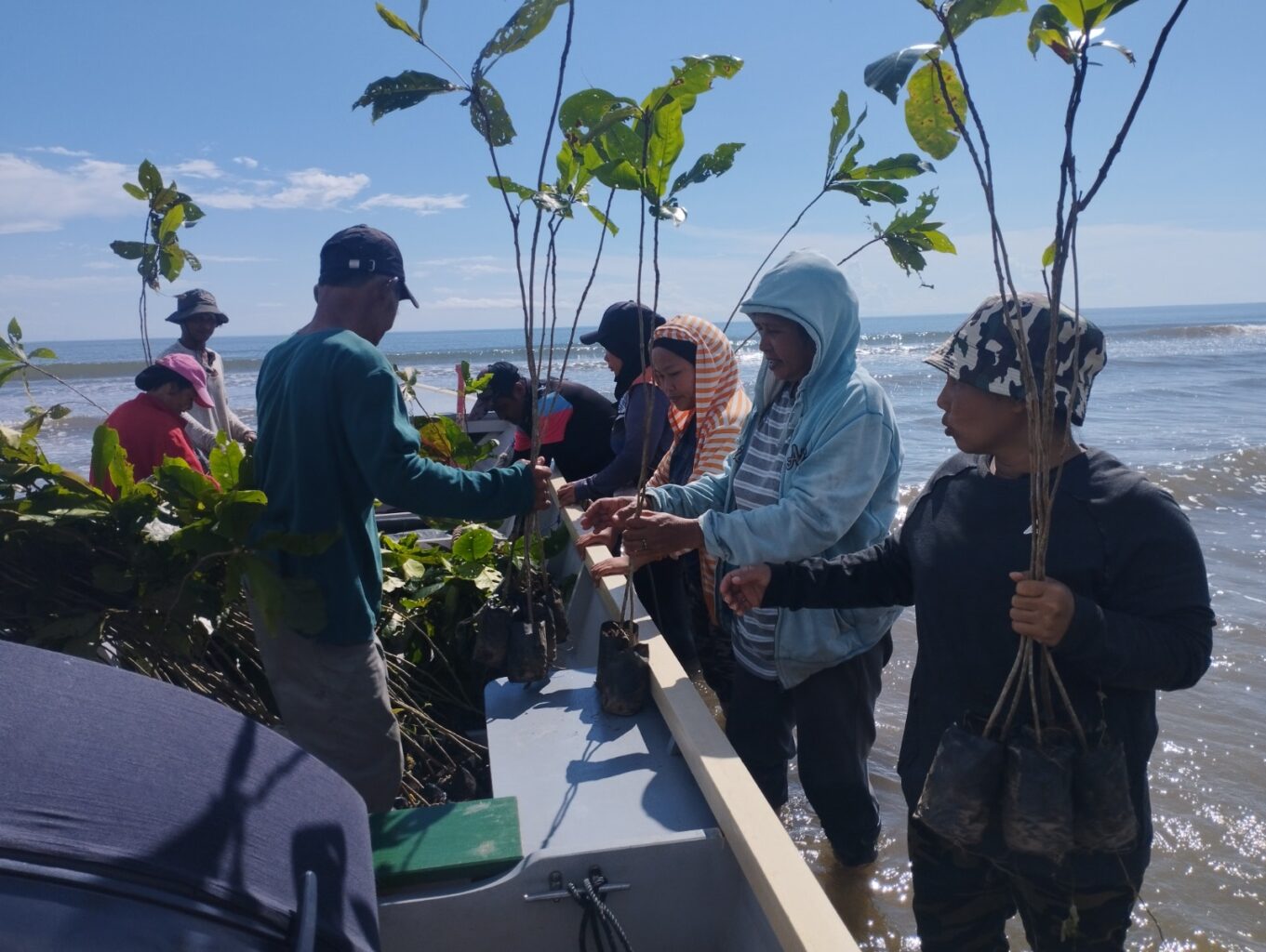 Several people carry tree saplings out of a boat