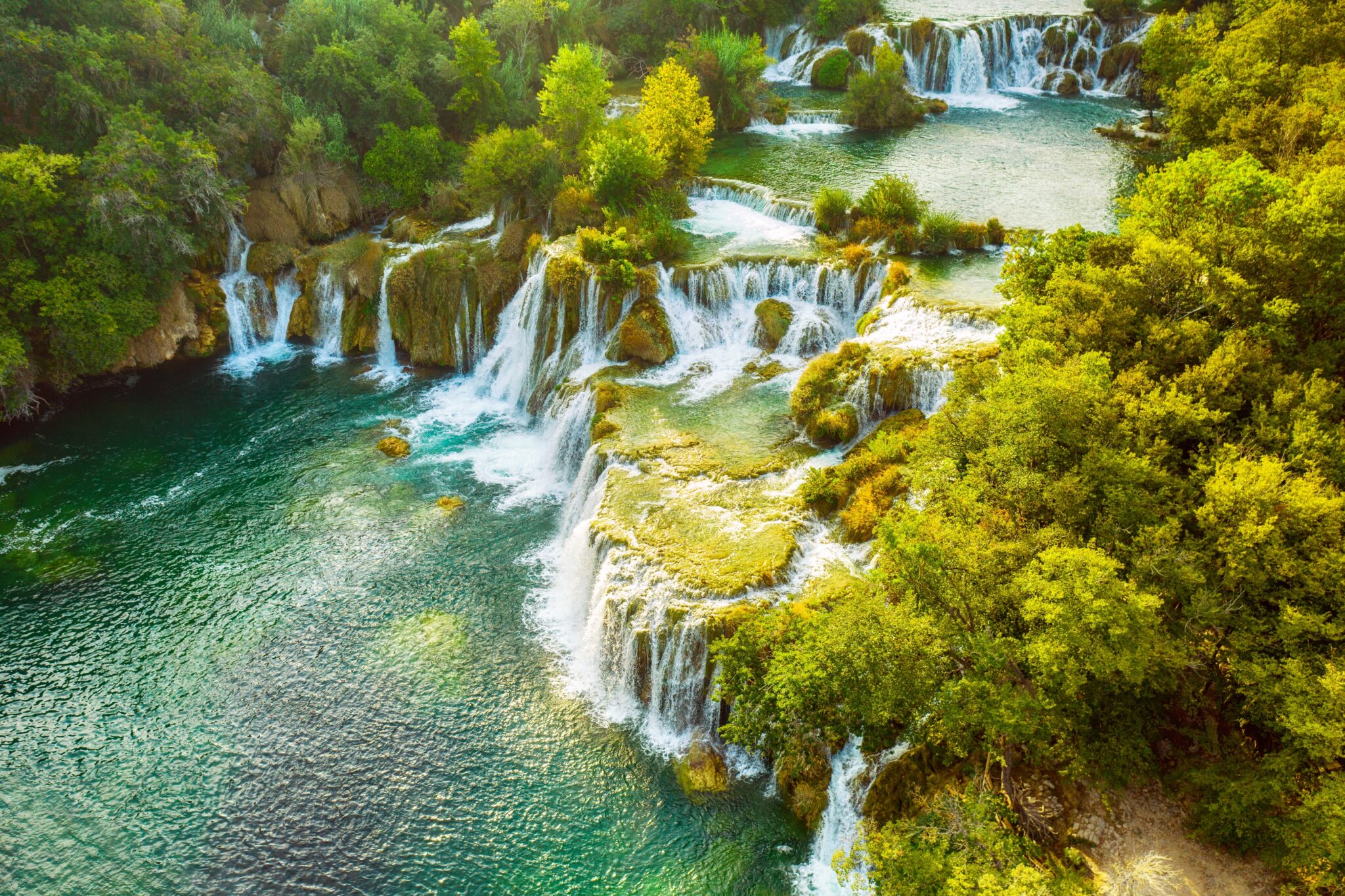 overhead view of waterfall in Krka National Park, Croatia