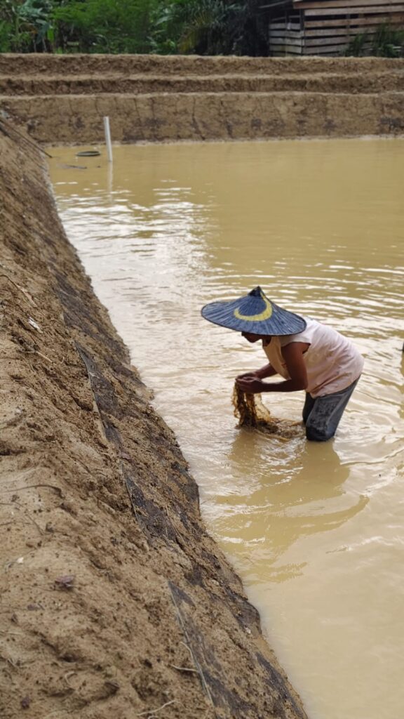 A person stands knee deep in muddy water