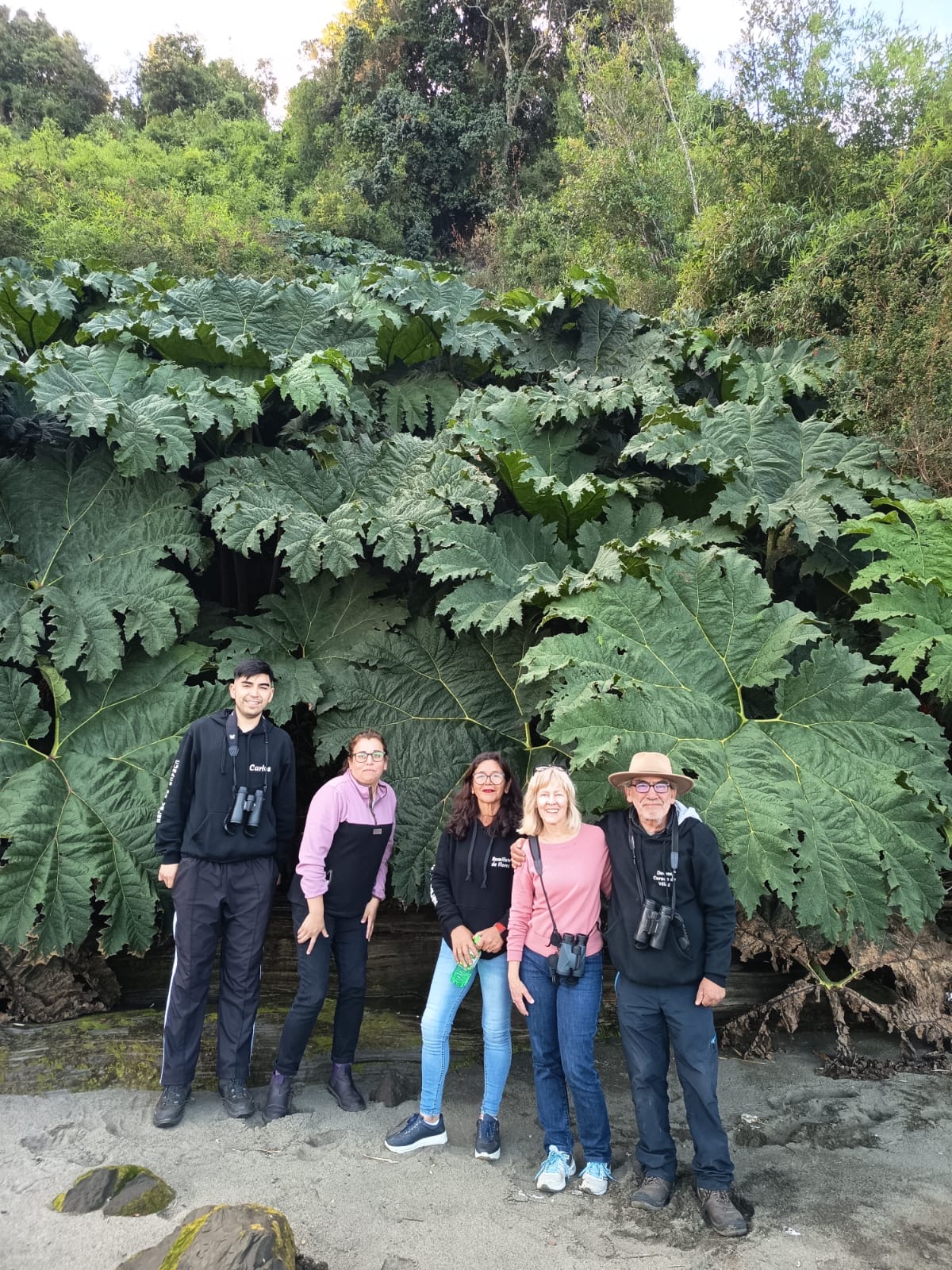 A group of people pose in front of a giant leafy plant