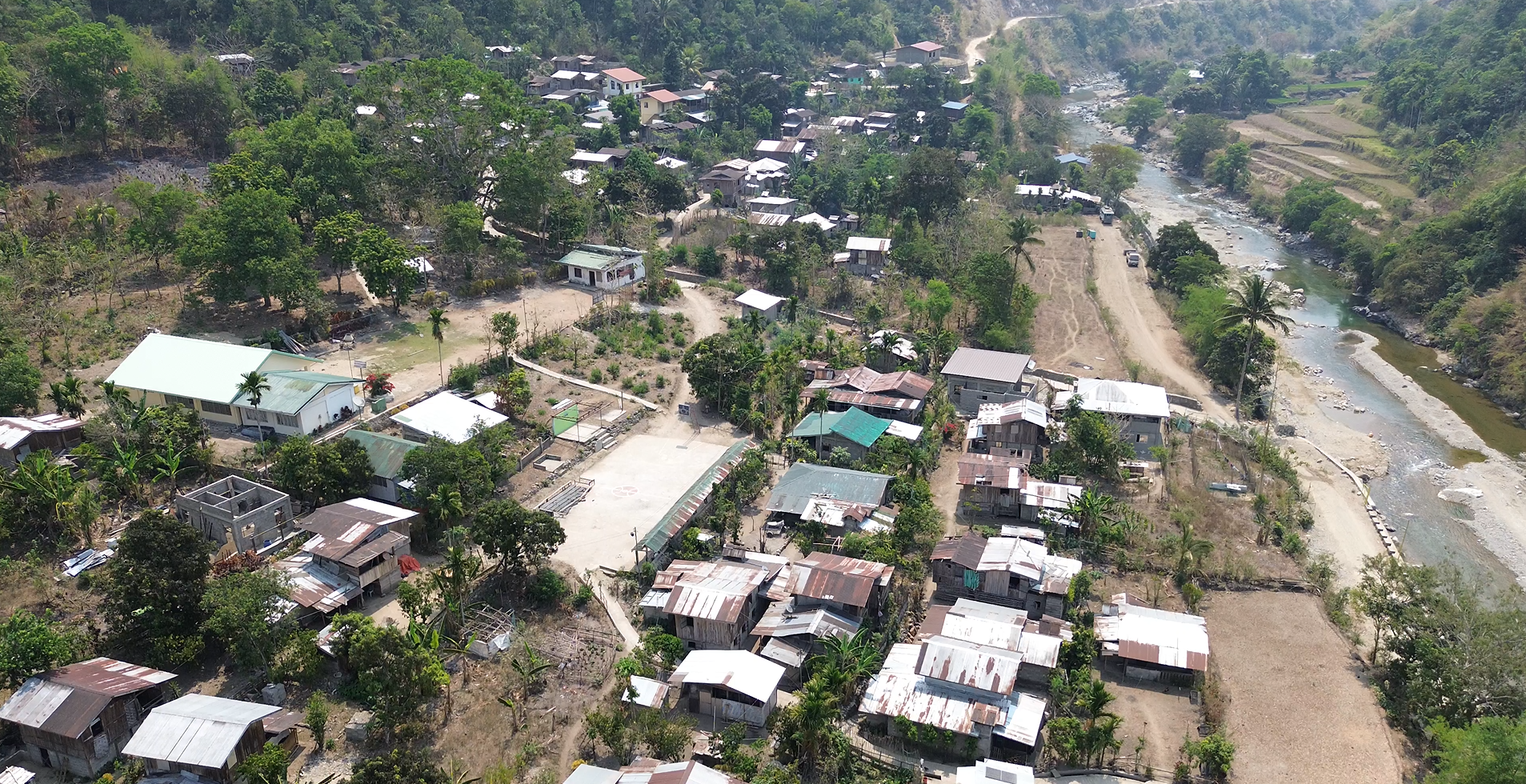 Overhead shot of village and river
